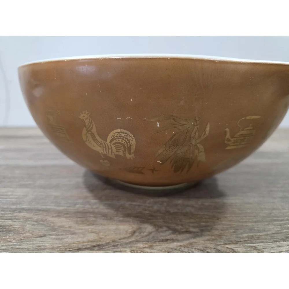 Vintage Pyrex Early American 444 4qt Cinderella Mixing Bowl Brown Gold